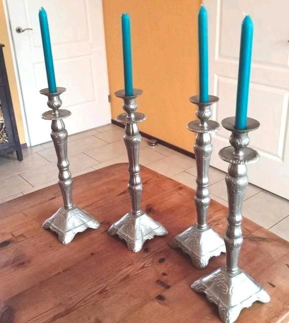 Koopje 4x Mooie Luxe Zilverkleurige Kandelaars/ Ornamentjes, Antiek en Kunst, Antiek | Kandelaars, Koper of Brons, Ophalen of Verzenden