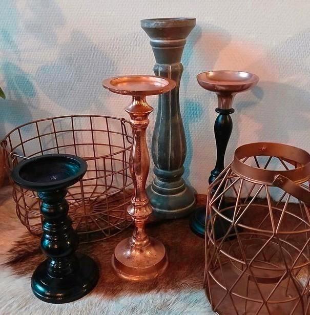 Decoratie: 5 kandelaars - rose goud brons koper zwart grijs, Huis en Inrichting, Woonaccessoires | Kandelaars en Kaarsen, Zo goed als nieuw