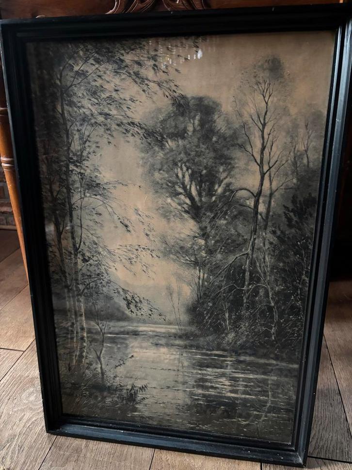 Oude ingelijste prent van een rivierlandschap 61/43cm /, Antiek en Kunst, Kunst | Tekeningen en Foto's, Ophalen of Verzenden