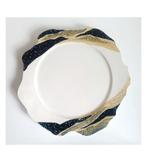 Vintage geel zwart wit handgemaakt bord van porselein, Bord(en), Overige stijlen, Gebruikt, Ophalen of Verzenden