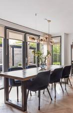 Prachige eiken houten tafel en 6 stoelen, Ophalen, Gebruikt, 200 cm of meer, 50 tot 100 cm