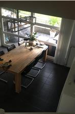 Teak houten tafel met 6 leren stoelen, Huis en Inrichting, Tafels | Eettafels, 200 cm of meer, 100 tot 150 cm, Teakhout, Gebruikt