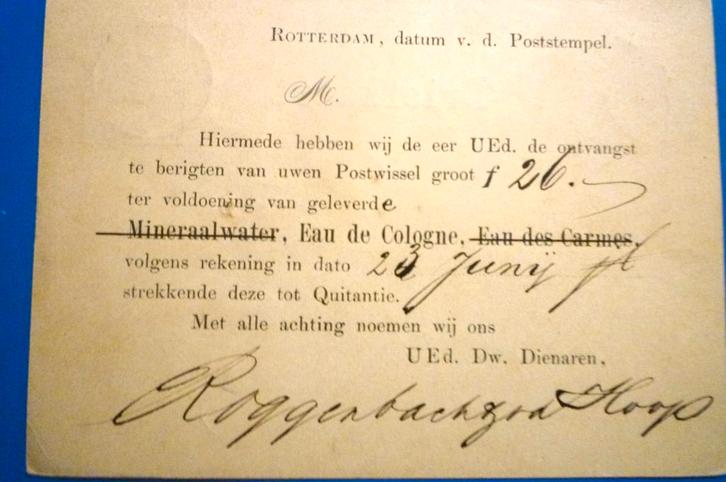 Roggenbach & van der Hoop  Mineraalwater Rotterdam 1879, Verzamelen, Ansichtkaarten | Nederland, Gelopen, Zuid-Holland, Voor 1920