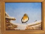 Olieverf schilderij op doek, roodborstje in de sneeuw., Ophalen of Verzenden