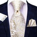 100% zijden stropdas pochet manchetknopen Ivoor Goud -NIEUW-, Nieuw, Met patroon, Ophalen of Verzenden, Overige kleuren