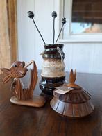 Vintage houten tapas setje, visje voor cocktail prikkers, Gebruikt, Vintage, Ophalen of Verzenden, Nvt