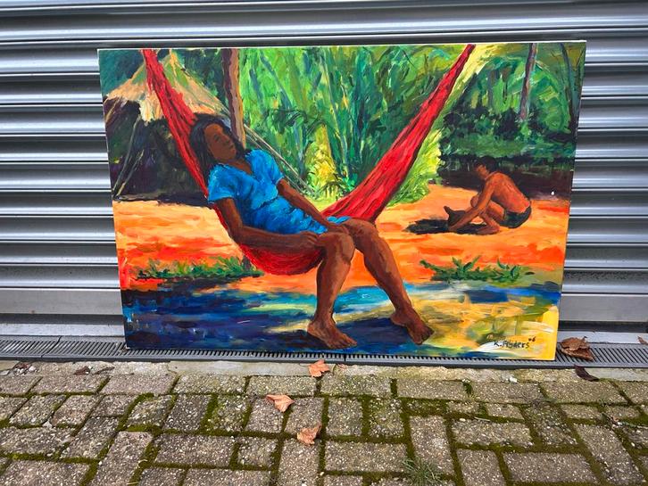 Schilderij met tropisch tafereel, Antiek en Kunst, Kunst | Schilderijen | Klassiek, Ophalen