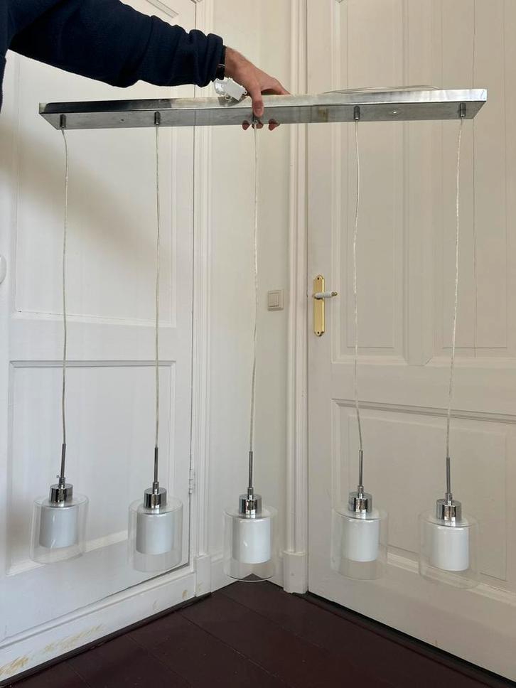 Hanglamp 5 lichts, Huis en Inrichting, Lampen | Hanglampen, Gebruikt, Glas, Metaal, Ophalen