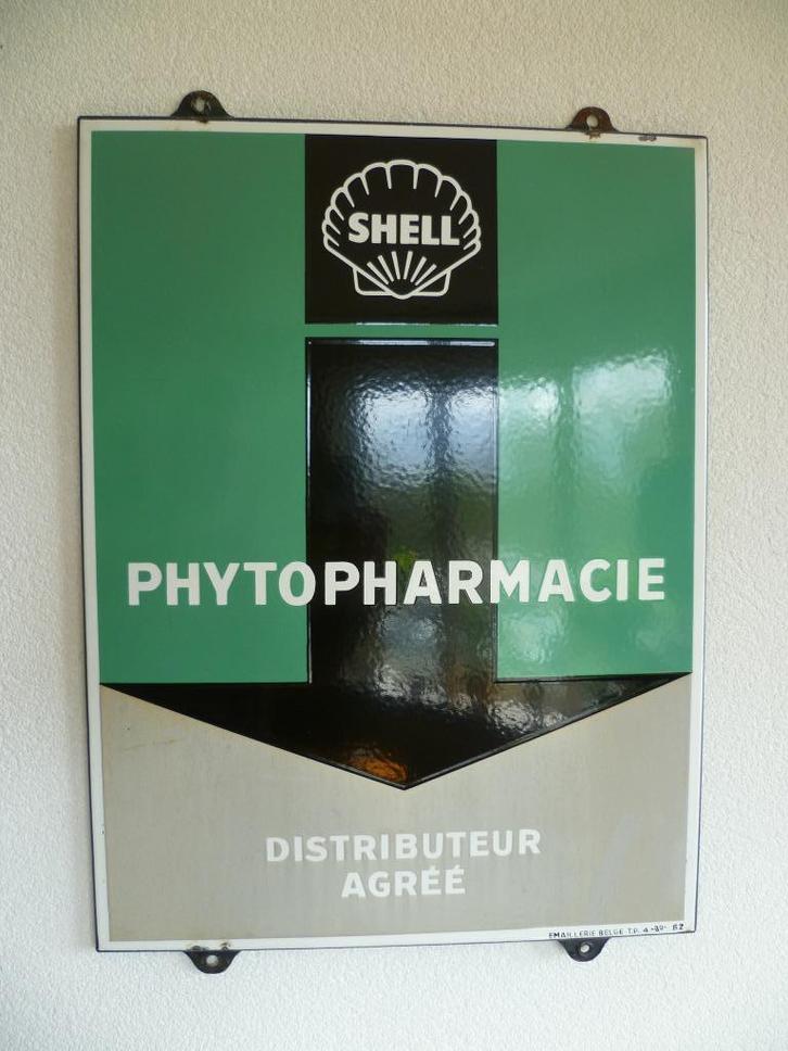 EMAILLE RECLAMEBORD"SHELL PHYTOPHARMACIE DISTRIBUTEUR" 1962, Verzamelen, Merken en Reclamevoorwerpen, Gebruikt, Reclamebord, Ophalen of Verzenden