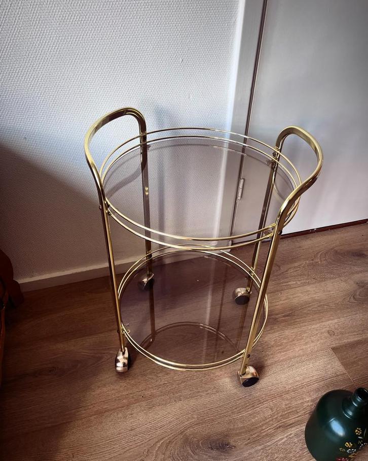 Vintage Gouden Dranktafeltje met Rookglas, Huis en Inrichting, Tafelonderdelen, Gebruikt, Tafelblad, Minder dan 50 cm, Rond, Glas