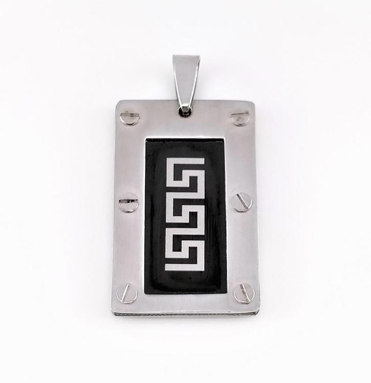 RVS Hanger Plaat met Grieks Meander (Exclusief Ketting), Sieraden, Tassen en Uiterlijk, Kettinghangers, Nieuw, Overige materialen