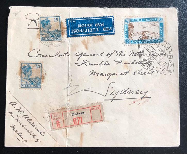 NL Indië R-Brief Luchtpost Java Australië 1931 Abel Tasman, Postzegels en Munten, Brieven en Enveloppen | Nederland, Brief, Verzenden