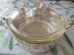 Oude glazen Pyrex schaal met verzilverde houder., Antiek en Kunst, Ophalen of Verzenden