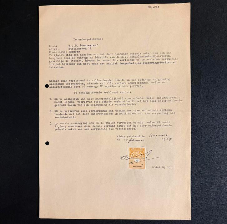 Vergunning NS betreding terreinen (Boxmeer - 1967), Verzamelen, Spoorwegen en Tramwegen, Gebruikt, Trein, Ophalen of Verzenden
