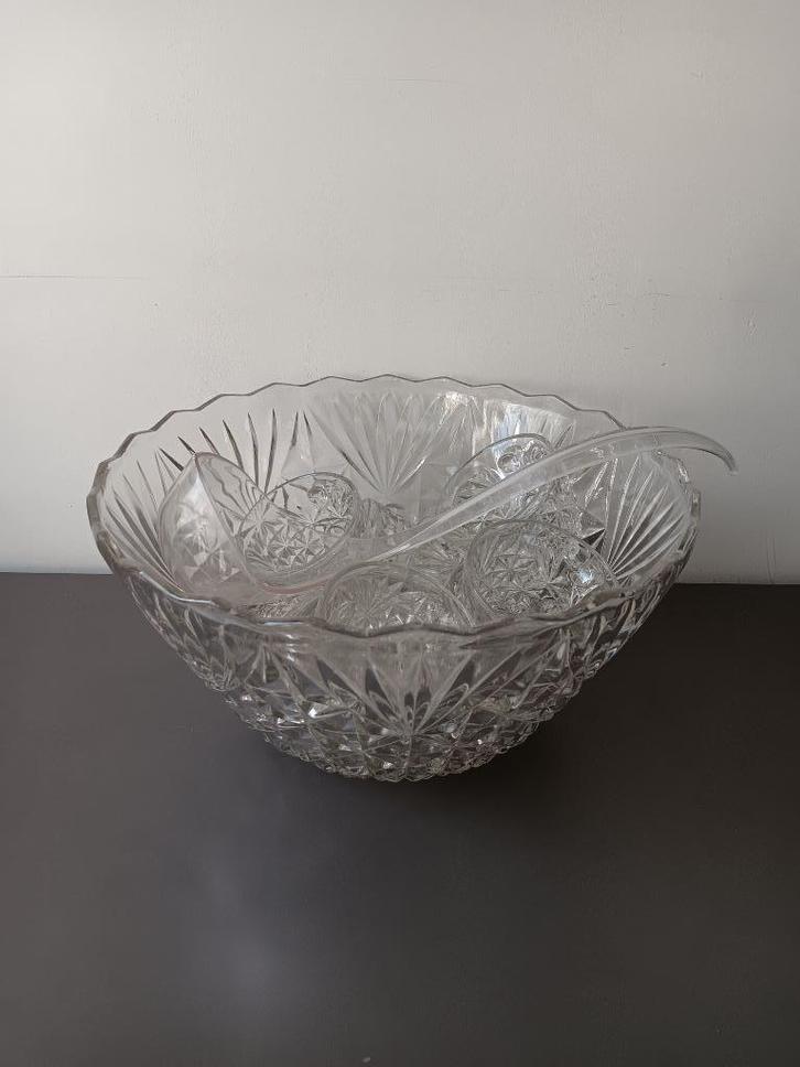 Vintage glazen punchset – schaal + 9 cups + lepel, Huis en Inrichting, Keuken | Servies, Gebruikt, Schaal of Schalen, Overige stijlen