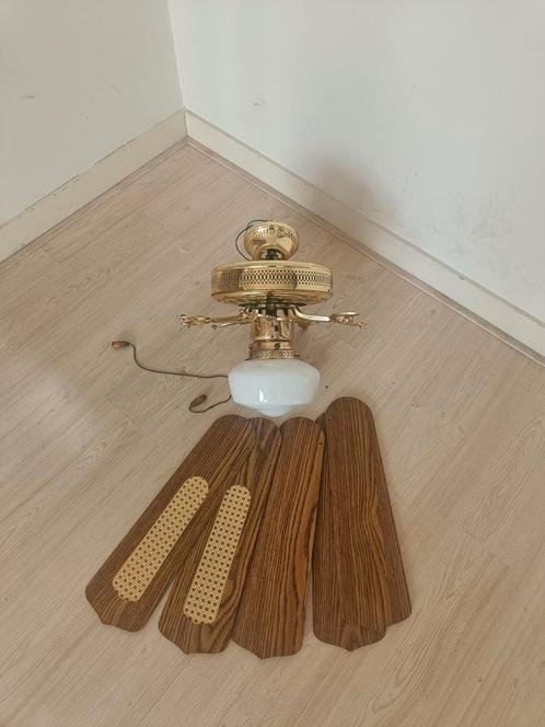 Plafondventilator goud/hout - gebruikt, Huis en Inrichting, Lampen | Plafondlampen, Gebruikt, Glas, Hout, Metaal, Ophalen of Verzenden