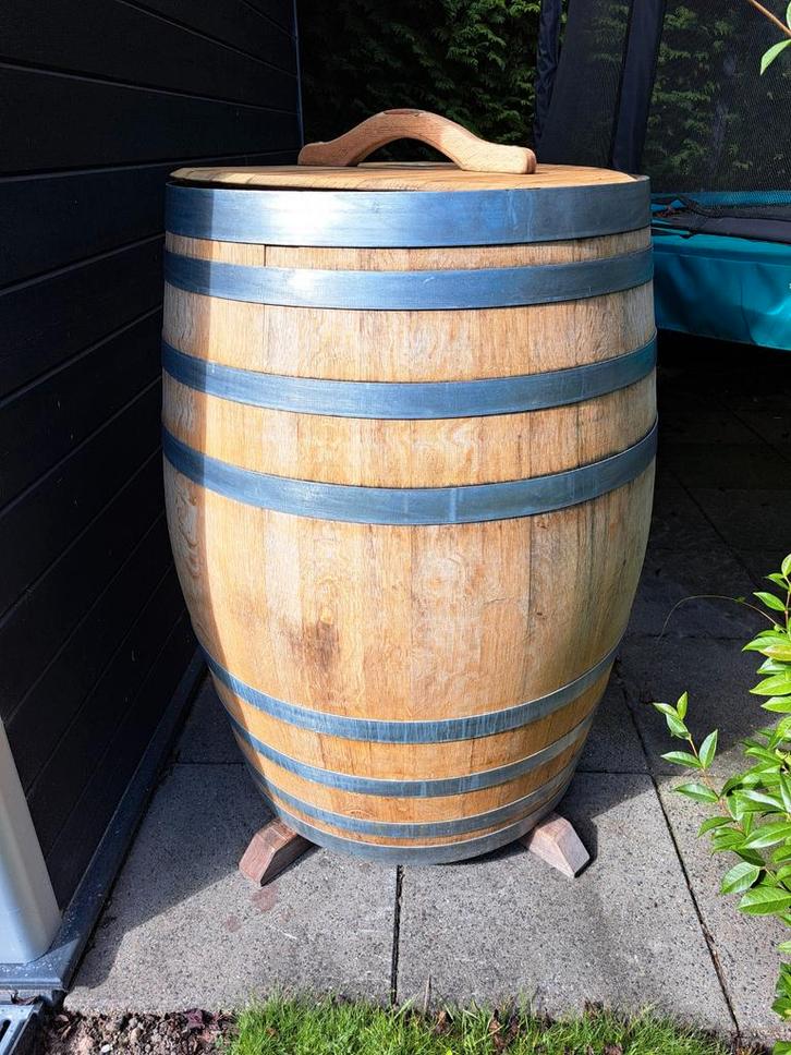 Wijnvat | Regenton | Ijsbad 350 L met deksel, afvoer & kruis, Tuin en Terras, Regentonnen, Gebruikt, Hout, 150 liter of meer, Met kraantje