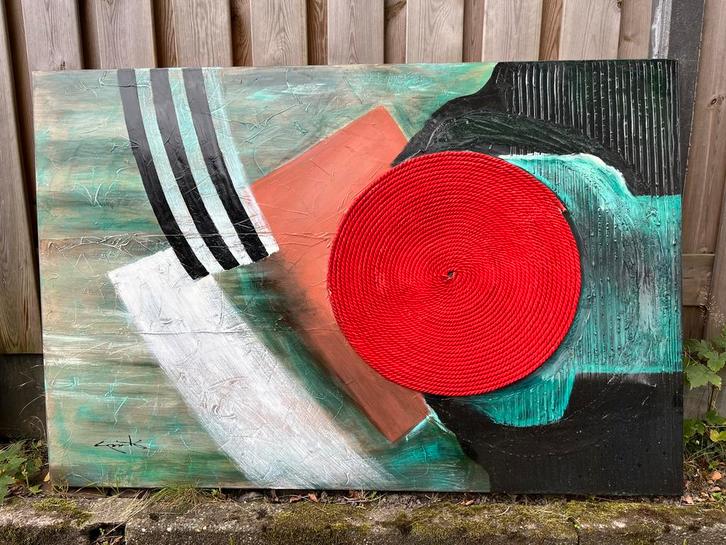 Abstract Schilderij met Rode Cirkel, Huis en Inrichting, Woonaccessoires | Wanddecoraties, Gebruikt, Ophalen