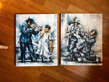 Set schilderijen olieverf ; Thema Jazz / muziek /Americana  beschikbaar voor biedingen