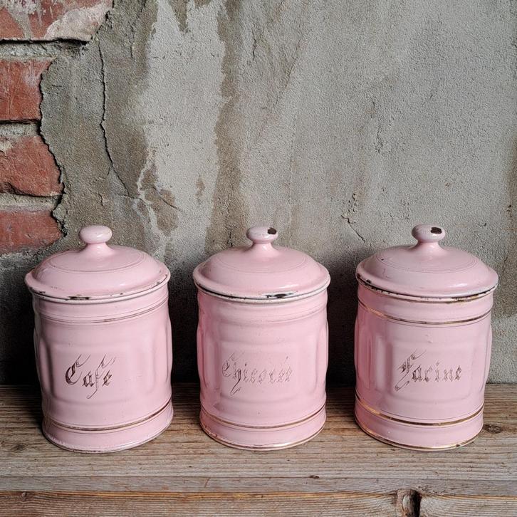 3x Oude Franse roze emaille pot Café Chicorée Farine *Etage3, Huis en Inrichting, Woonaccessoires | Overige, Gebruikt, Ophalen of Verzenden