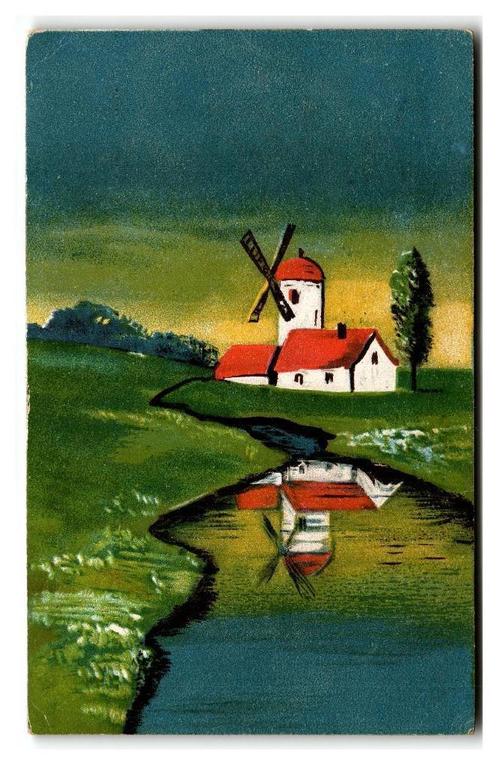 Molen bij zonsondergang, Verzamelen, Ansichtkaarten | Themakaarten, Gelopen, 1920 tot 1940, Natuur, Verzenden