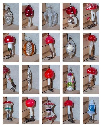 Oude vintage antiek kerstballen skier paddenstoelen kaars beschikbaar voor biedingen
