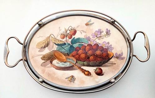 Fraai dienblad met versiering fruit en bijen, Antiek en Kunst, Antiek | Keramiek en Aardewerk, Ophalen of Verzenden