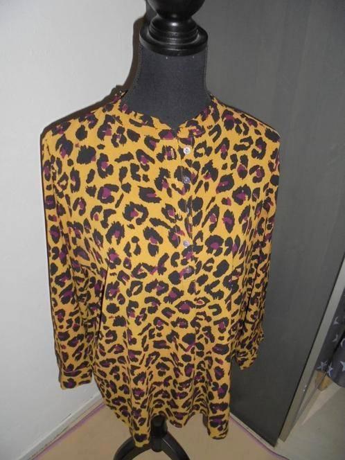 Okergele tuniek zwart-paarse print maat 40, Kleding | Dames, Blouses en Tunieken, Zo goed als nieuw, Maat 38/40 (M), Overige kleuren
