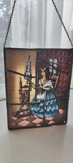 Vintage glas-in-lood paneel – vrouw met spinnewiel, Huis en Inrichting, Ophalen of Verzenden, Zo goed als nieuw