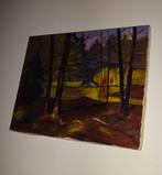 Schilderijtje met bomen op voorgrond in het bos. geschilderd, Antiek en Kunst, Kunst | Schilderijen | Klassiek, Ophalen of Verzenden