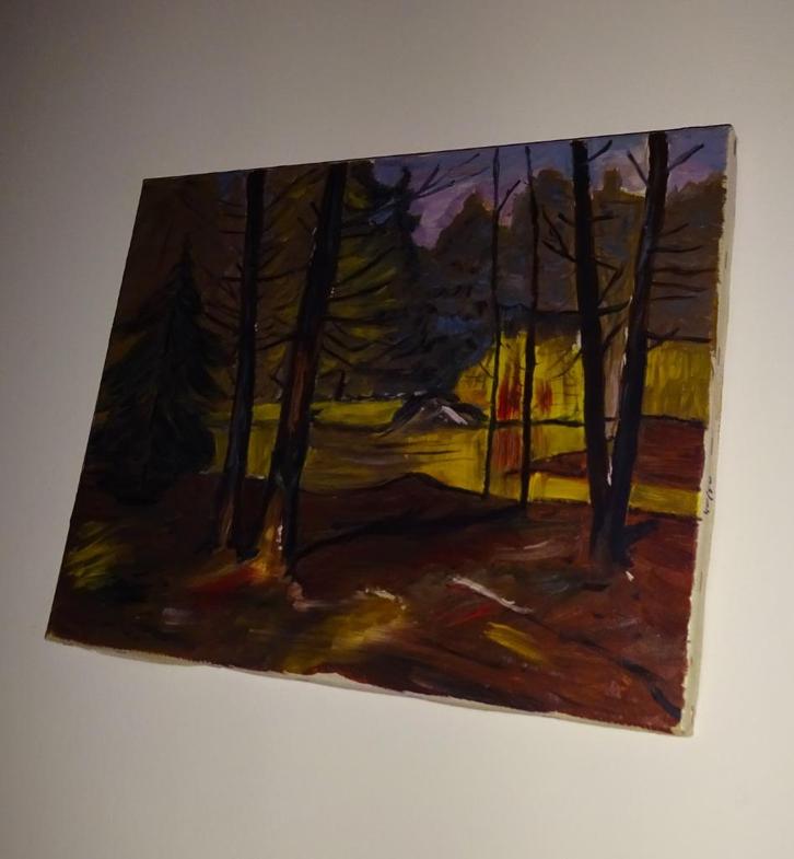 Schilderijtje met bomen op voorgrond in het bos. geschilderd, Antiek en Kunst, Kunst | Schilderijen | Klassiek, Ophalen of Verzenden