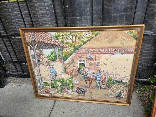 Wandtapijt Boerderij Tafereel Ingelijst, Antiek en Kunst, Antiek | Kleden en Textiel, Ophalen of Verzenden