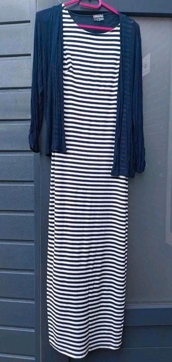 Lange blauw/wit gestreepte jurk met vestje, Kleding | Dames, Jurken, Gedragen, Maat 42/44 (L), Blauw, Onder de knie, Ophalen of Verzenden