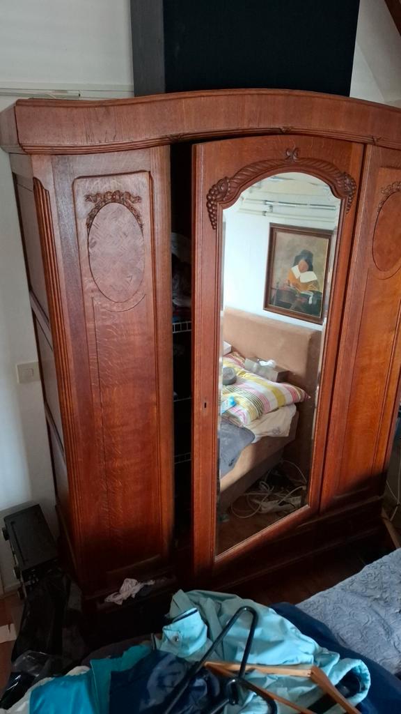 Antieke kledingkast met spiegeldeur, Huis en Inrichting, Kasten | Kledingkasten, Gebruikt, 200 cm of meer, 100 tot 150 cm, 50 tot 75 cm