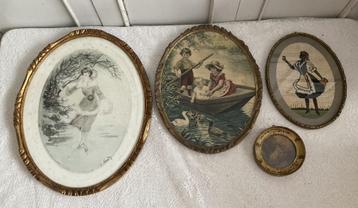 4x Brocante Schilderijtjes / tekening - prent - borduurwerk beschikbaar voor biedingen