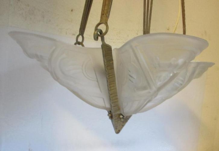 originele art deco luster met vier schelpen schalen opzij, Antiek en Kunst, Antiek | Lampen, Ophalen