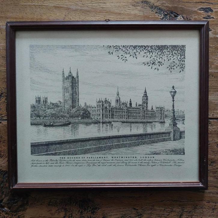 Vintage Tekening Houses of Parliament, Londen - J. Mortlock, Antiek en Kunst, Kunst | Tekeningen en Foto's, Ophalen of Verzenden