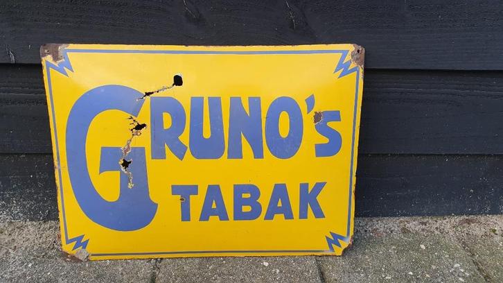 Origineel oud emaille reclamebord Gruno's tabak, Verzamelen, Merken en Reclamevoorwerpen, Gebruikt, Reclamebord, Ophalen of Verzenden