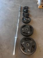 117,5kg Rubberen Olympische Gewichten + Olympische Barbell, Sport en Fitness, Ophalen, Gebruikt, Halterschijven