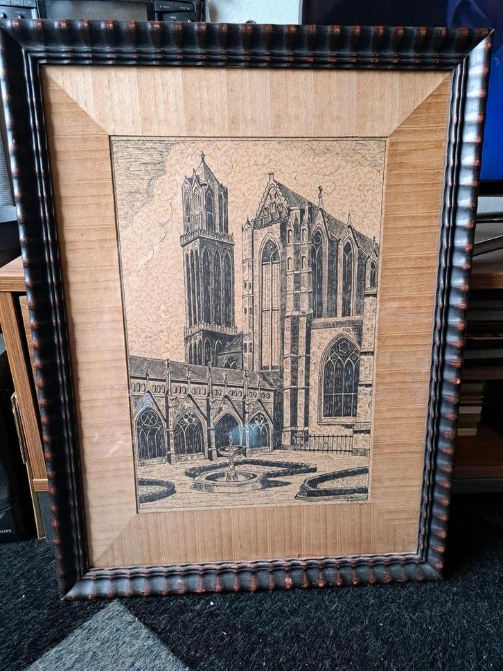 Domtoren van Utrecht met houten Passe-Partout., Antiek en Kunst, Kunst | Etsen en Gravures, Ophalen