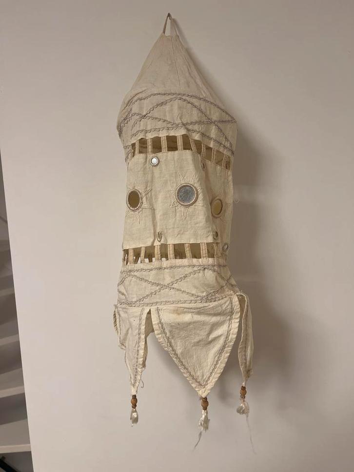 Indiase / Marokkaanse Hanglamp Stof met Spiegeltjes - Wit, Huis en Inrichting, Lampen | Lampenkappen, Gebruikt, 50 cm of meer