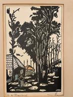 Hendrik (Henk) Oma (1908-1993) Houtsnede - Boerderij, Antiek en Kunst, Kunst | Etsen en Gravures, Ophalen of Verzenden