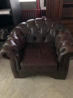Originele Chesterfield fauteuil van echt leer – donkerbruin, Ophalen, Gebruikt, 75 tot 100 cm, Leer
