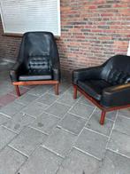 Zeldzame set Noors design fauteuils zwart leer teak, Huis en Inrichting, Fauteuils, Ophalen, Gebruikt, Hout, Scandinavisch