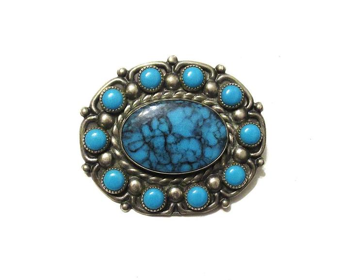 Vintage BELL Trading Nickel Silver Turquoise pinbroche., Sieraden, Tassen en Uiterlijk, Broches, Zo goed als nieuw, Zilver, Overige kleuren