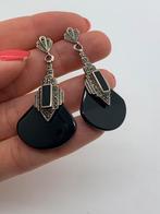 X239 Prachtige vintage zilveren oorbellen onyx markasiet, Sieraden, Tassen en Uiterlijk, Oorbellen, Hangers, Ophalen of Verzenden