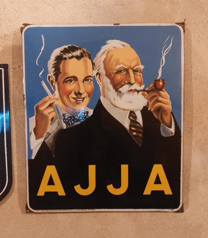 oud emaille reclamebord AJJA uit 1951 Brussel  nummer 1, Verzamelen, Merken en Reclamevoorwerpen, Gebruikt, Reclamebord, Ophalen