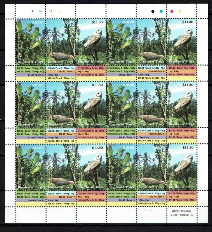 tonga 2014 pf blok vogels birds uilen owls papegaaien, Postzegels en Munten, Postzegels | Thematische zegels, Postfris, Dier of Natuur