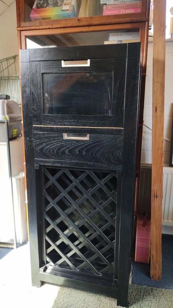 Teakhouten wijnkast, zwart, Huis en Inrichting, Gebruikt, Met deur(en), 100 tot 150 cm, Teakhout