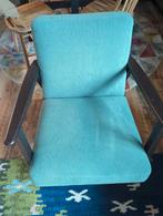 2 Ekenäset fauteuils, donker hout, turkooise bekleding, Huis en Inrichting, Fauteuils, Ophalen, Gebruikt, Minder dan 75 cm, 50 tot 75 cm